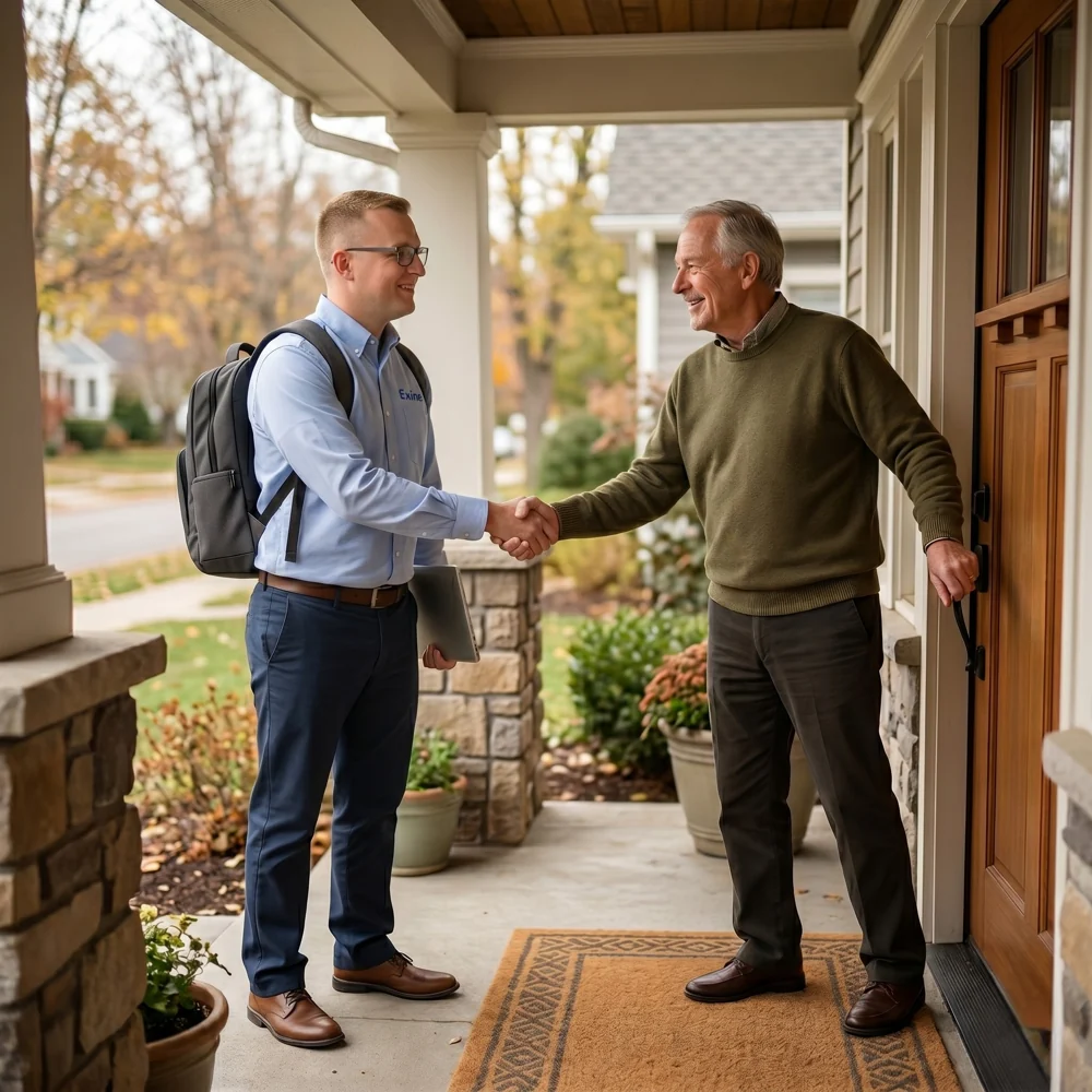An Exine technician greeting a homeowner at their door