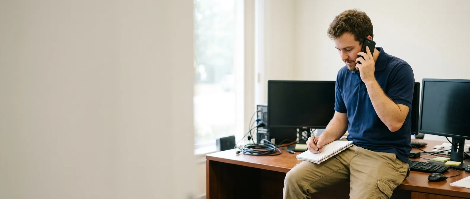 An IT technician on the phone, taking notes at a desk