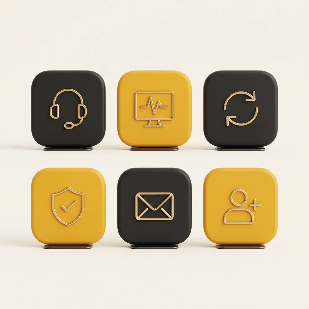 Managed IT plan icons: helpdesk, monitoring, updates, security, email and onboarding