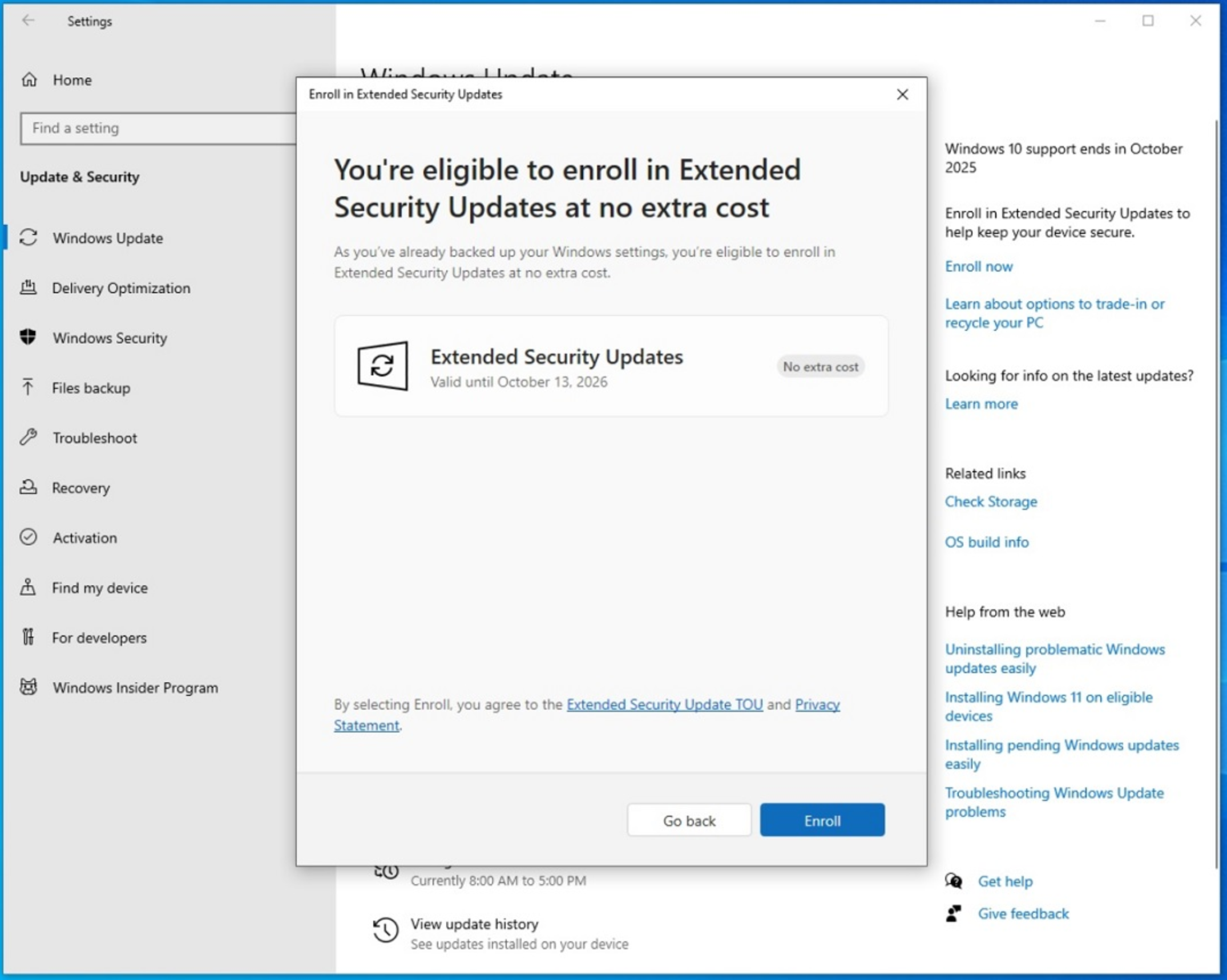Windows 10 Enroll in Extended Security Updates screen showing free enrollment